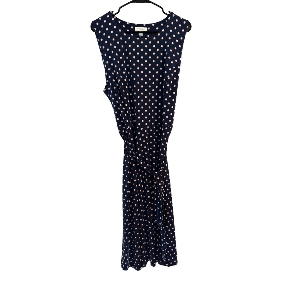 Charter Club Navy Blue Polka Dot Tie Waist Sleeveless Midi Dress Womens XL